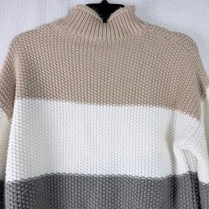 Womens Colorblock Mock Neck Chunky Knit Sweater Beige White Gray M/L Winter Cozy